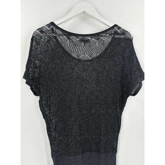 Cache Sweater Top Womens Medium Gray Crochet Knit Short Sleeves Metallic Scoop - Picture 11 of 14